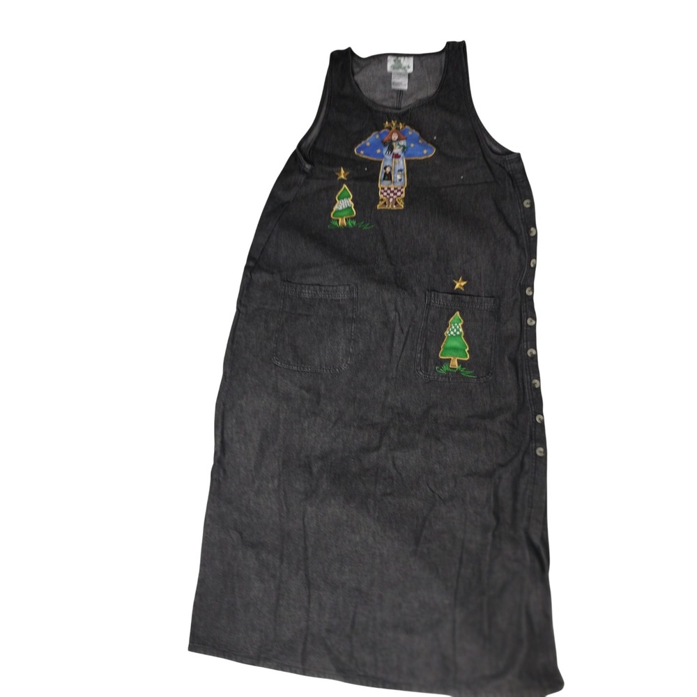 Quacker Factory Christmas Denim Jumper Dress Large Angel‎ Trees Embroidered